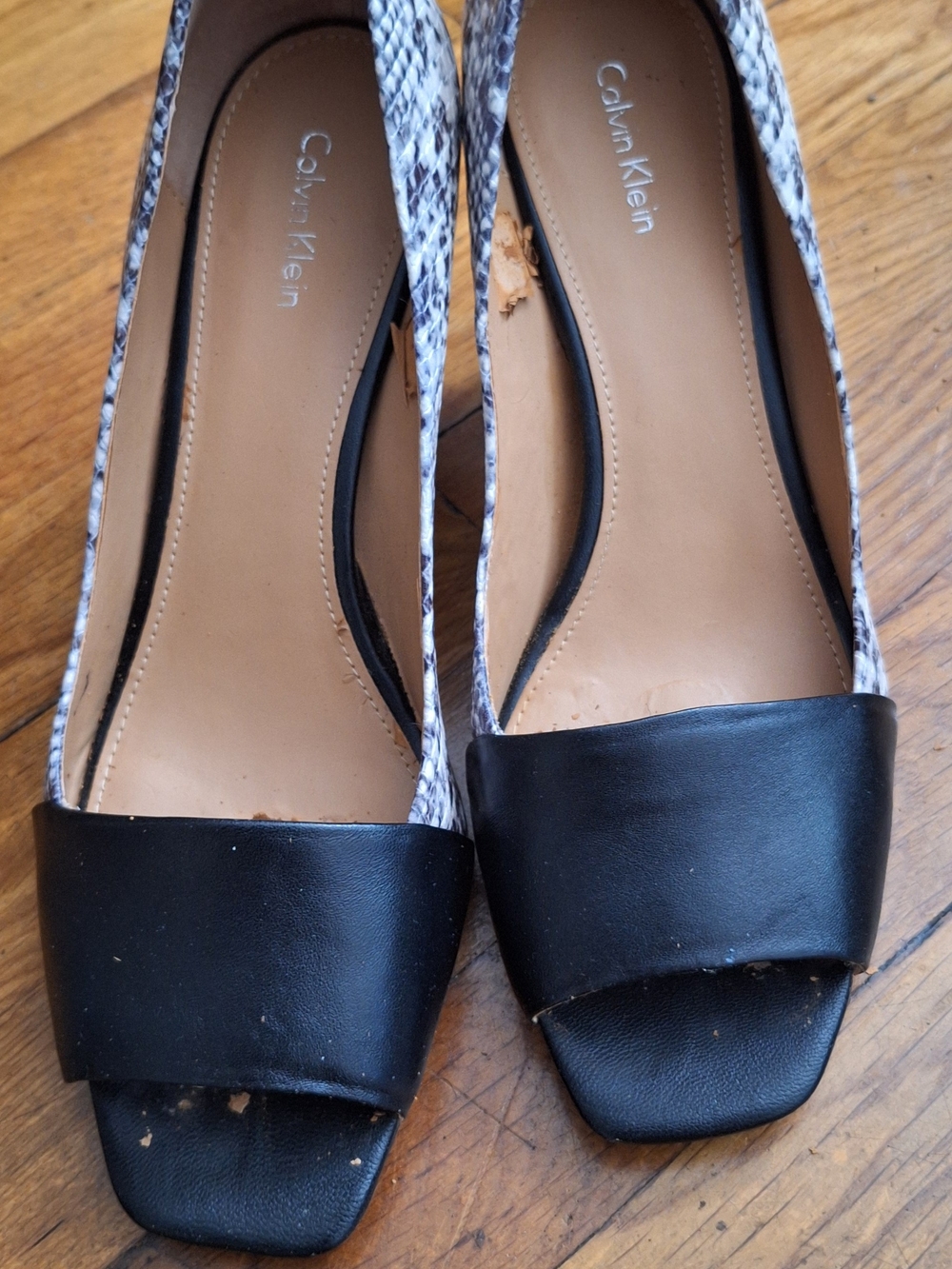 Calvin Klein Black & Snakeskin Open Square-Toe Flats